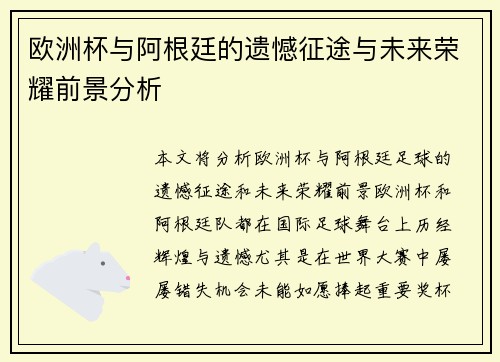 欧洲杯与阿根廷的遗憾征途与未来荣耀前景分析